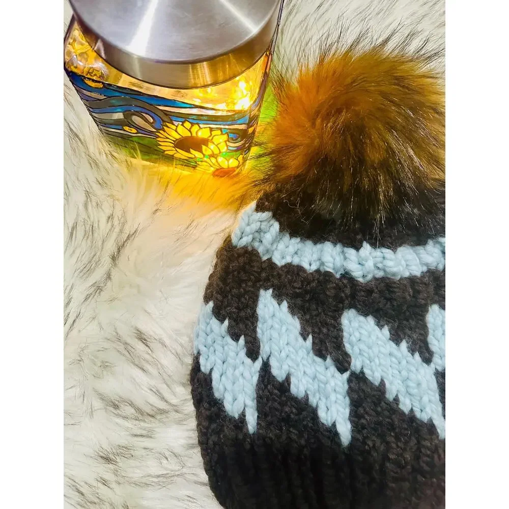 Hand Knit Tilt A Whirl Beanie: Cozy Winter Hat with Faux Fur Pom